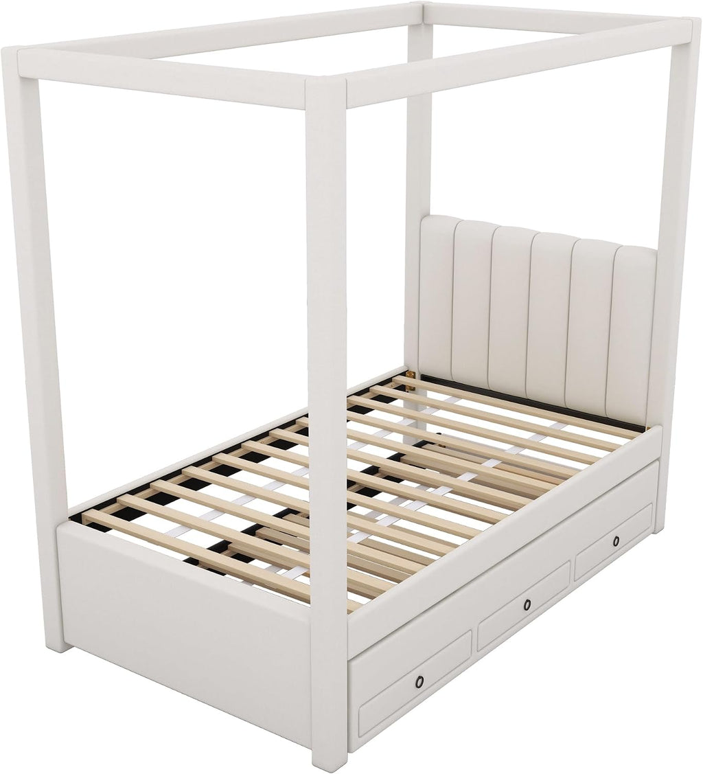 Twin Size Linen Upholstered Canopy Bed with Trundle and 3 Storage Drawers for Bedroom, Guest Room (Twin)