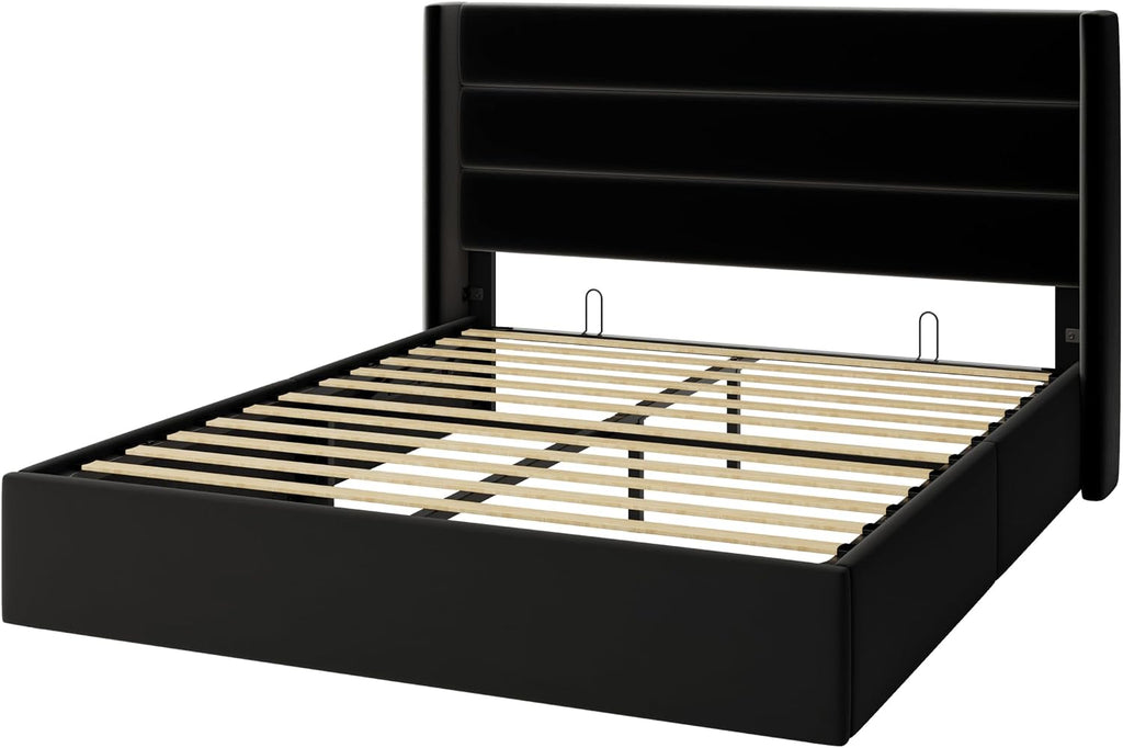 Allewie Full Size Velvet Lift Up Storage Bed, Modern Wingback Headboard, Hydraulic Support, No Box Spring Needed, Black