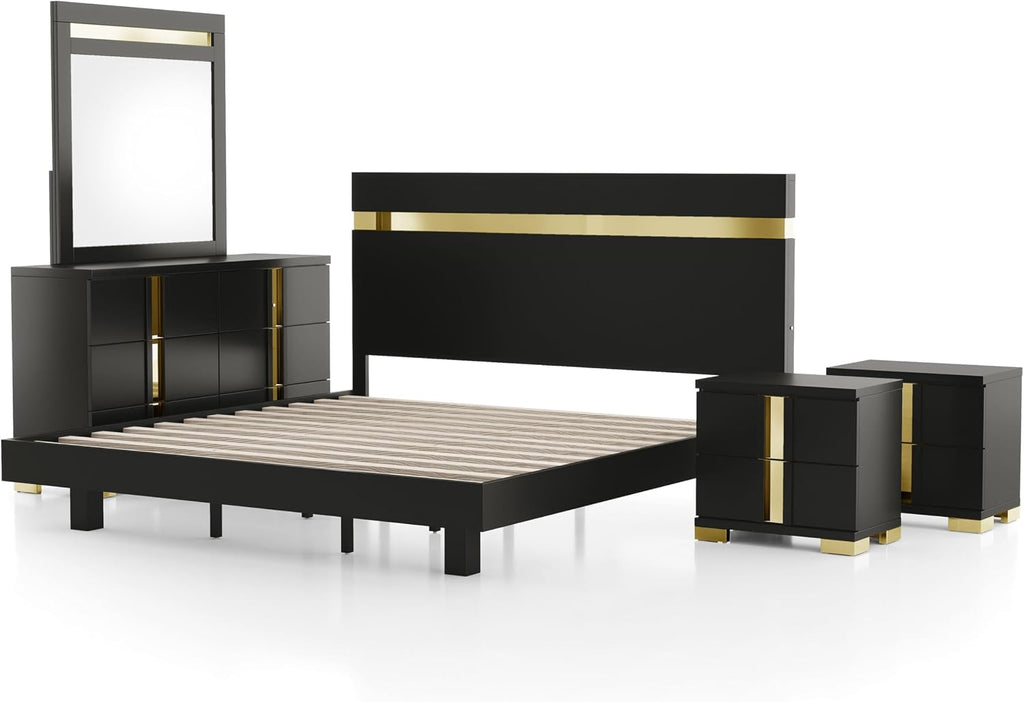Furniture of America Ansten Modern Wood 5-Piece Platform Bedroom Set with Gold Trim, Underbed LED, Dust Proof Cases, Bracketed Metal Legs, No Box Spring Needed, Full, Black
