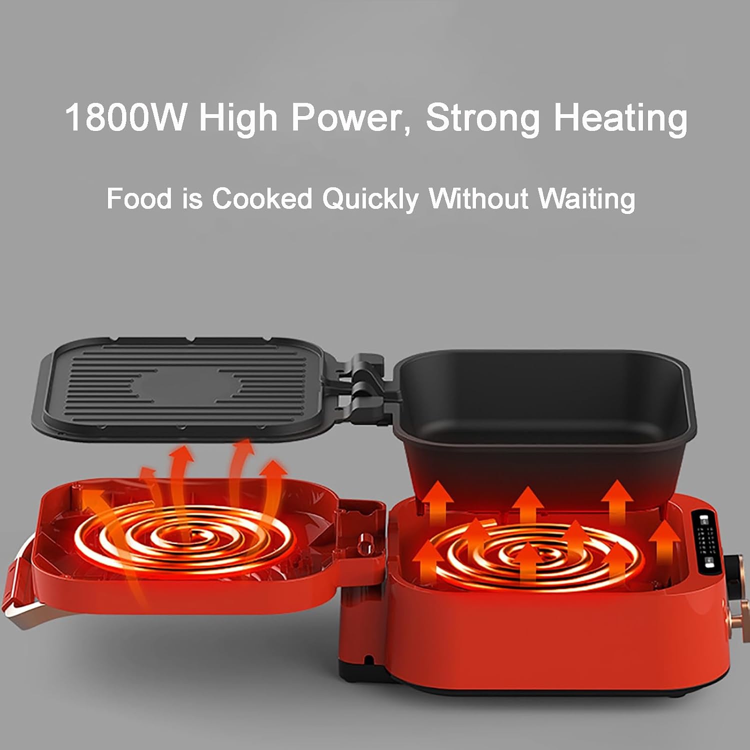 Electric Skillet with Lid, 1800W Multifunctional Nonstick Coating Electric Grill Pan, for Hotpot BBQ (Red)
