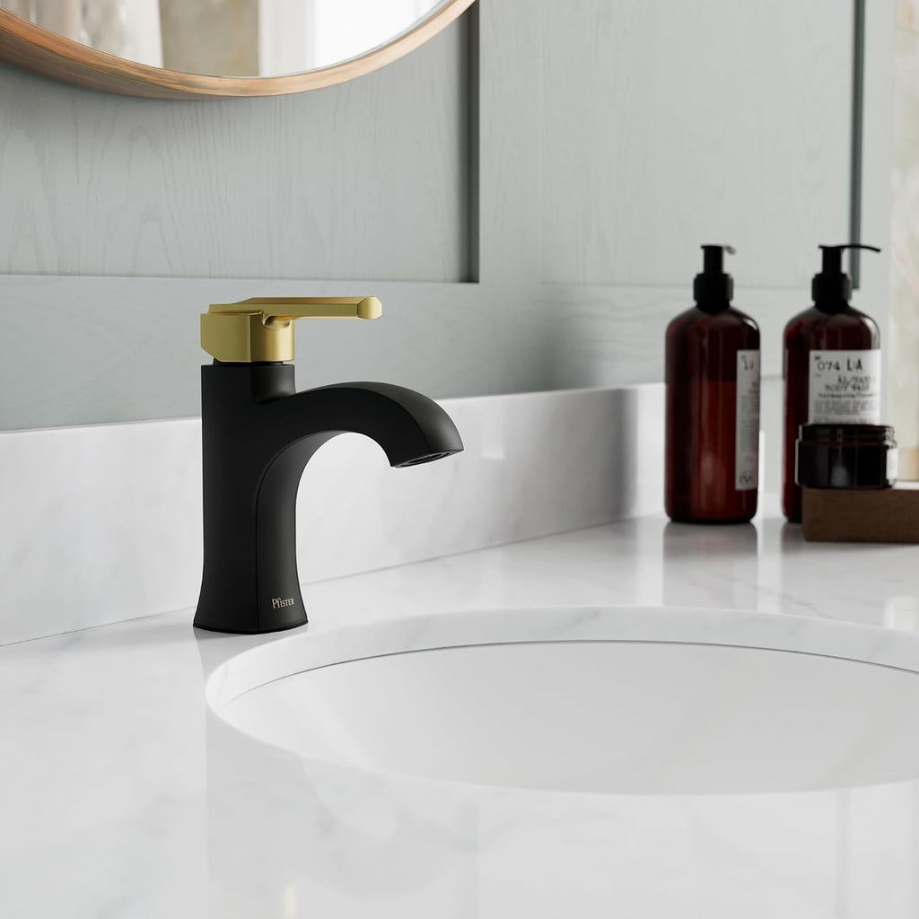 Pfister Vaneri Single Handle Bathroom Sink Faucet 1-Hole Matte Black and Brushed Gold Finish NSF Certified Water-Efficient Push & Seal Drain TiteSeal Technology LF042VRIBBG