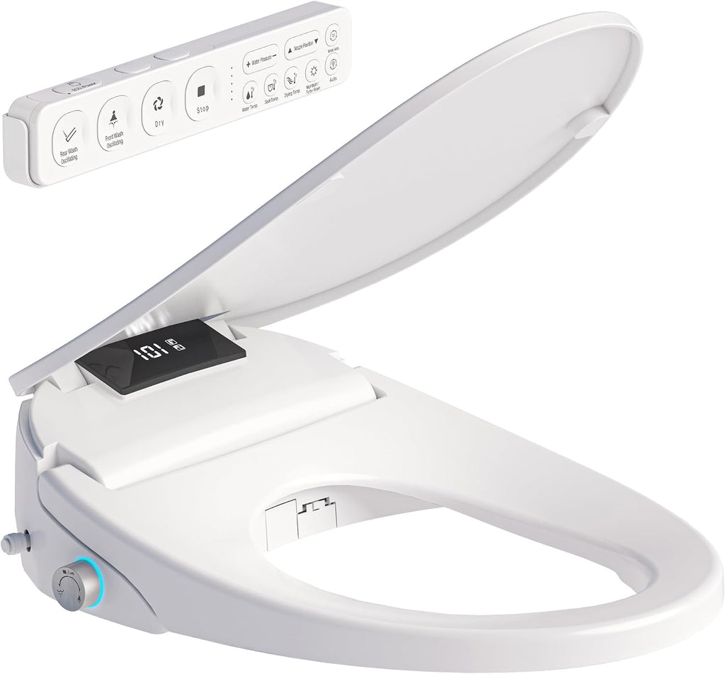 XCQQ Electric Bidet Toilet Seat with Remote Control, Heated Bidet Seat, Warm Water Wash, Warm Air Drying, Rear & Front Wash, Self-Cleaning Nozzle, Night Light, LED Display Requires Outlet - Elongated