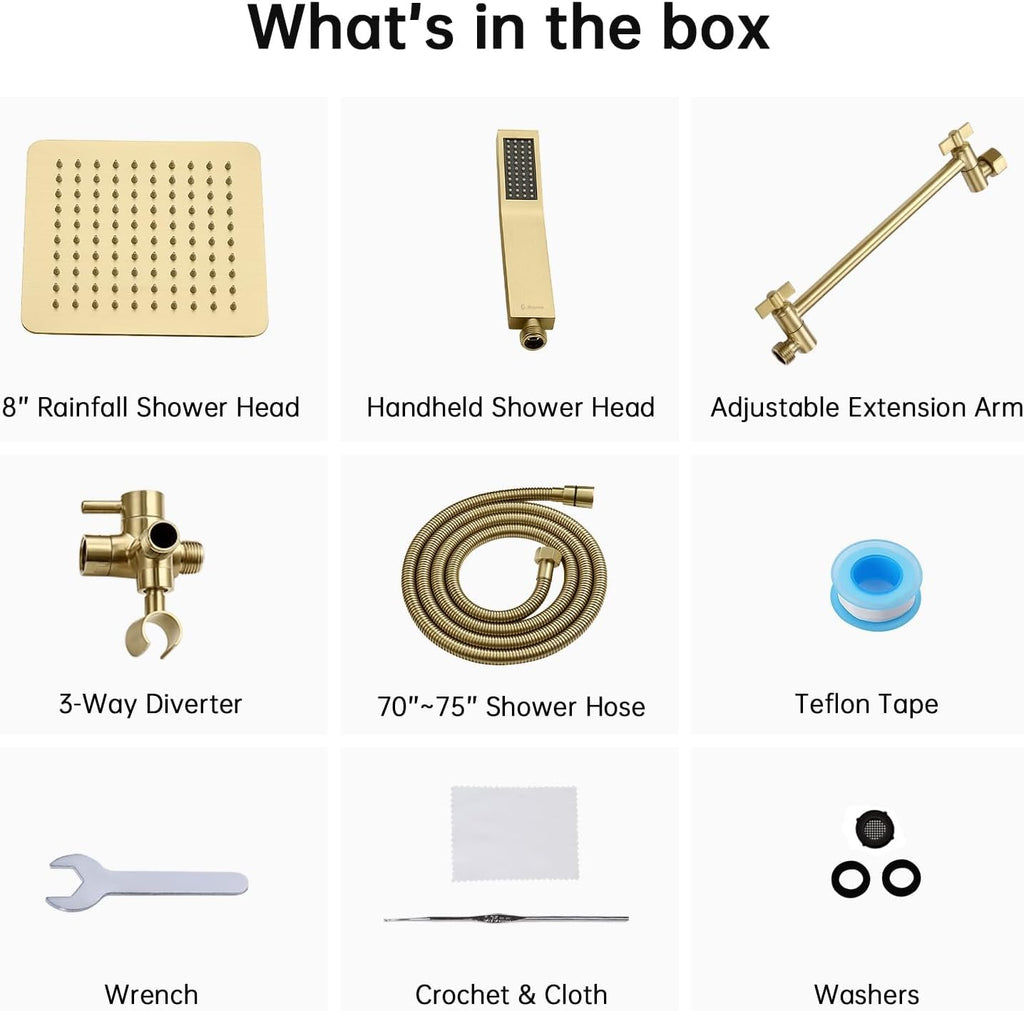 G-Promise All Metal 8-Inch Dual Square Shower Head Combo, Rain Shower Head, Handheld Shower Wand with 71-Inch Extra Long Hose, 3-Way Diverter, Adjustable Extension Arm, Brushed Gold