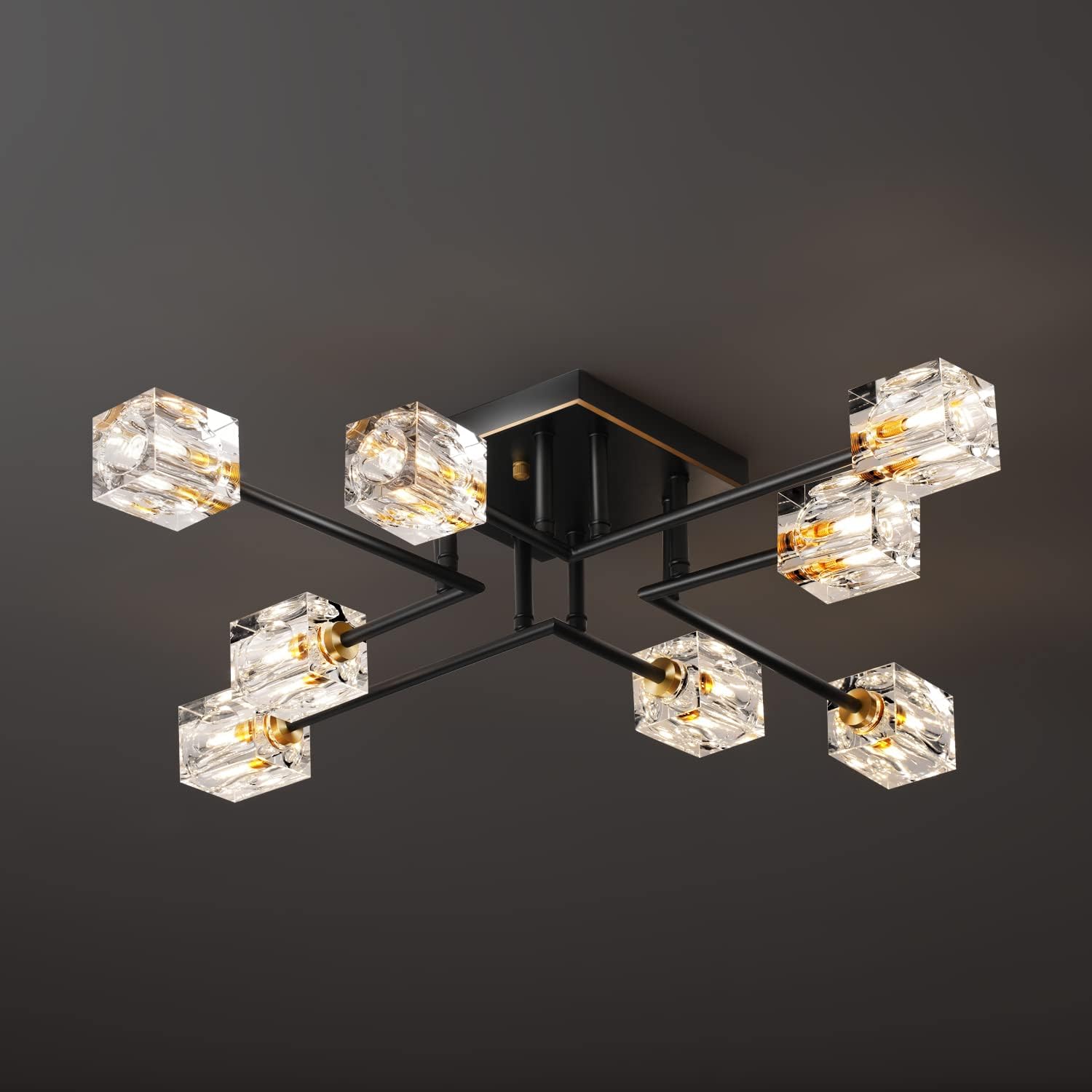 8-Lights Semi Flush Mount Ceiling Light Fixture,Black and Gold Modern Crystal Chandeliers,Farmhouse Lighting Fixtures for Dining Room Living Room Kitchen Bedroom Entryway