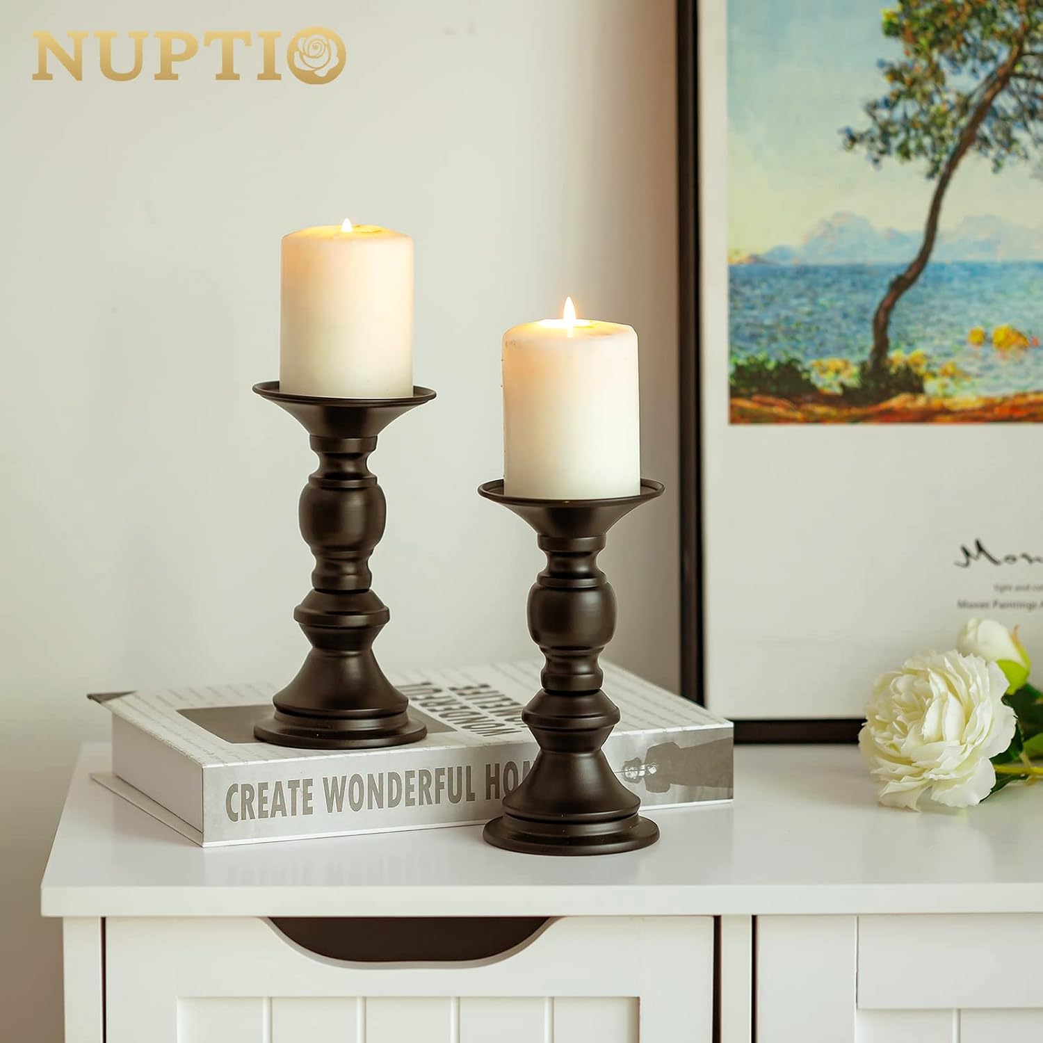 Nuptio 10 Pcs Black Candle Holders for Pillar Candles, Metal Candle Holder for 50mm Candles, Pillar Candle Holder Centerpieces for Wedding Anniversary Housewarming Christmas Party Tables