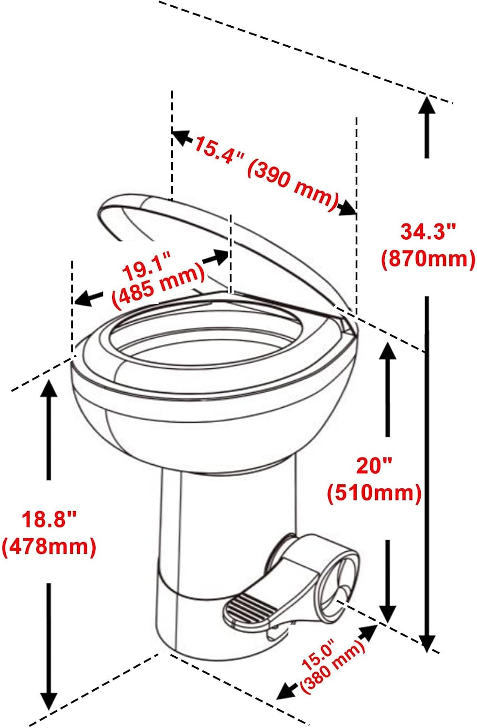 Yescom RV Camper Toilets Gravity Flush 20' High Elongated Foot Pedal for Travel Trailer Motorhome Caravan White HDPE Portable Restroom Toilet Fits for Marine