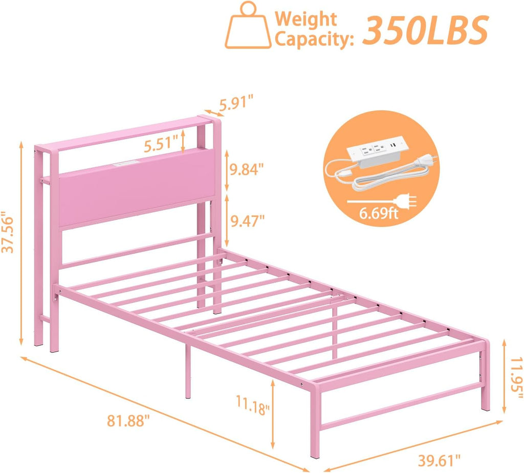 Weehom Twin Bed Frames with 2 Tiers Wood Storage Shelves Headboard, Twin Size Bed with Charger Stations and LED Light Under Bed Storage Space Platform Bed for Kids, Girls and Adults, Pink