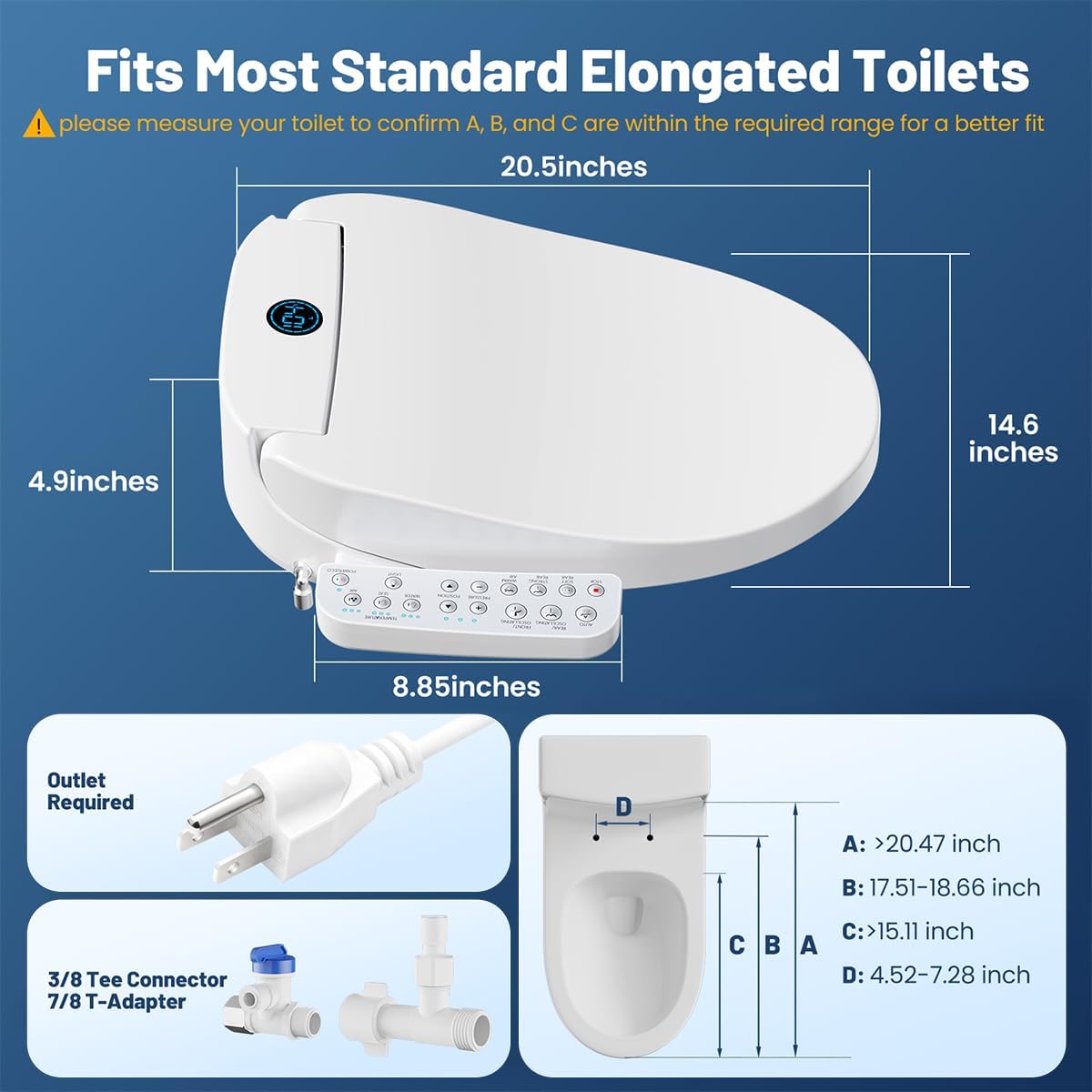 GAICOM Electric Bidet Toilet Seat Elongated, Heated Seat & Warm Air Dryer,Instant Warm Water, Self-Cleaning Nozzle, Night Light, Soft Close, Side Control Panel