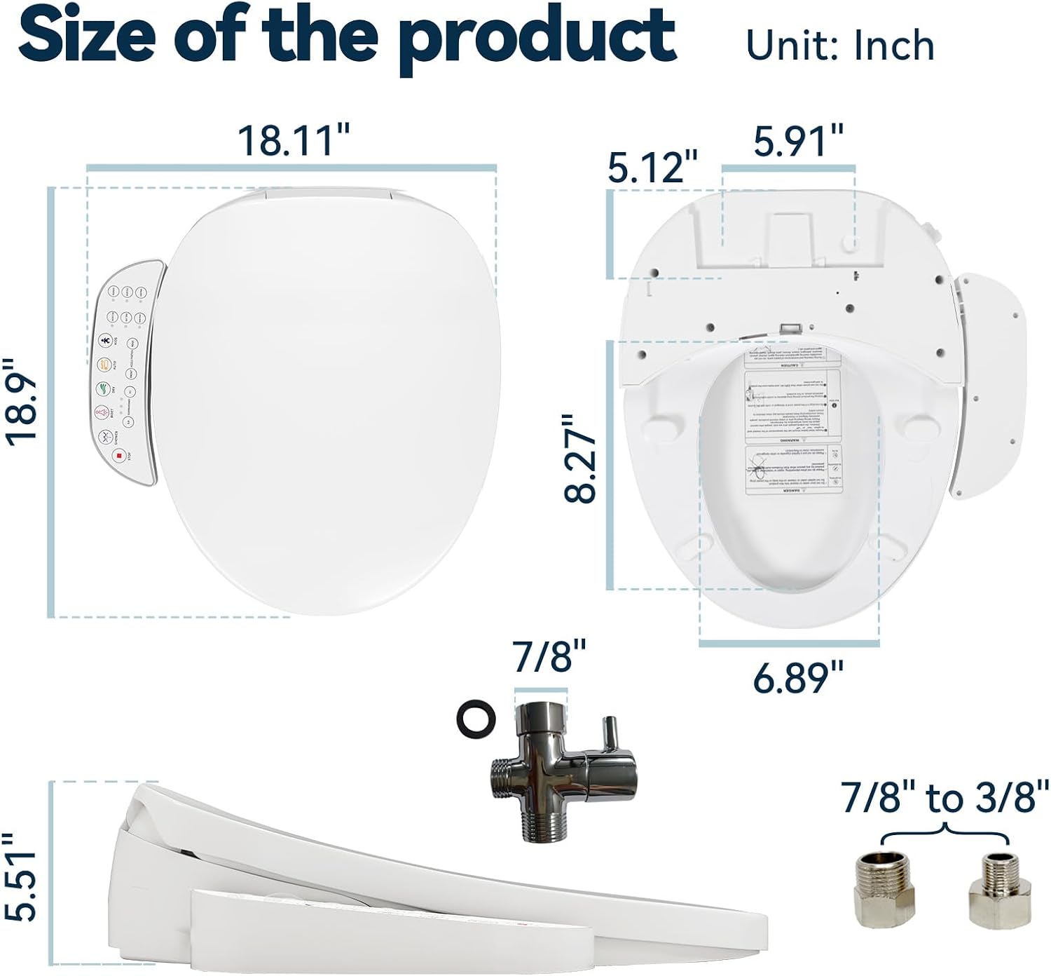 Smart Heated Toilet Seat for Short V-Shaped Toilets – Bidet Warm Water Wash, Self-Cleaning Nozzle, Warm Air Dryer, Deodorizer, Soft-Close Lid, LED Night Light & Touch Panel, Easy Install