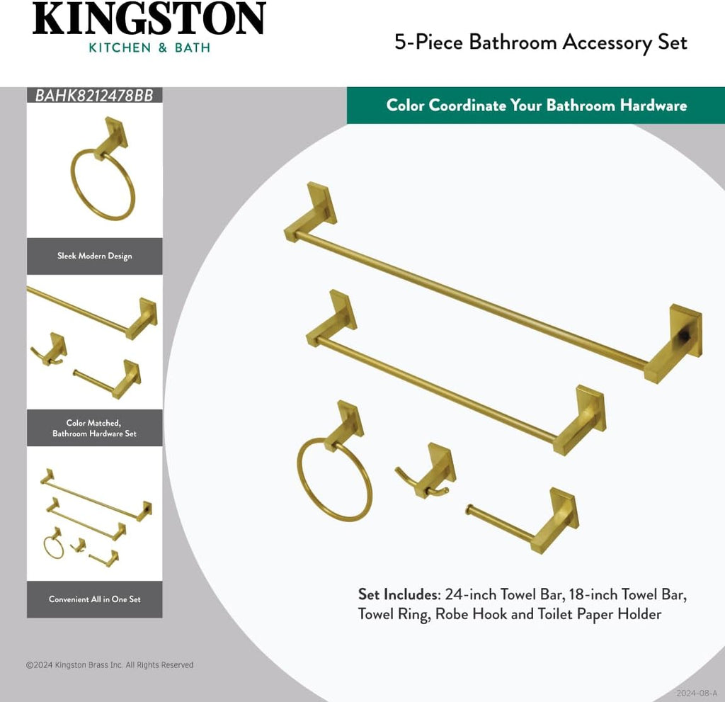 Kingston Brass BAHK8212478BB Continental 5-Piece Bathroom Accessory Set, Brushed Brass