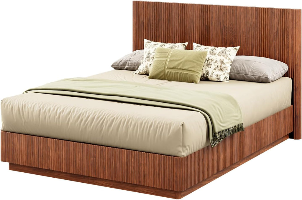 ivoros Mid Century Modern Bed Frame Queen Size, Fluted Platform Bed Frame with Headboard, Wood and Steel Platform Beds with LED Lights, Heavy Metal Frame Support, No Box Spring Needed, Walnut