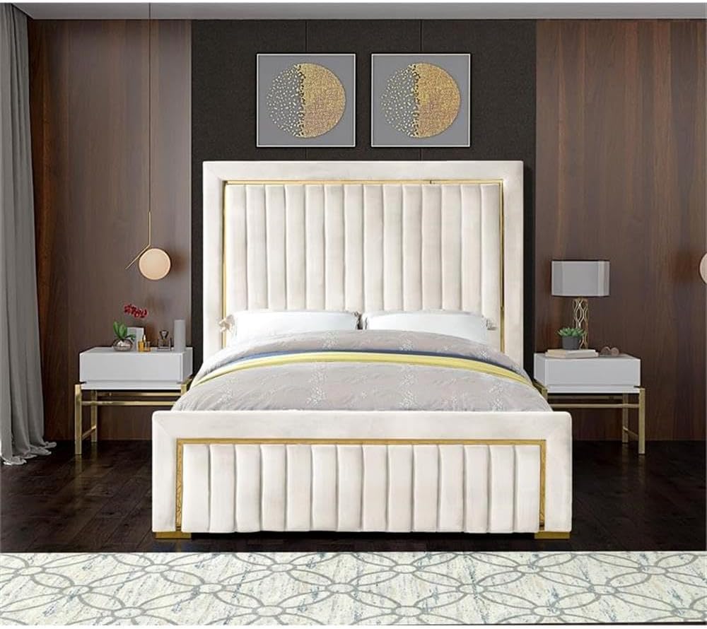 Meridian Furniture Dolce Collection Modern | Contemporary Velvet Upholstered Bed with Luxurious Channel Tufting and Gold Metal Trim/Legs, Queen, Cream