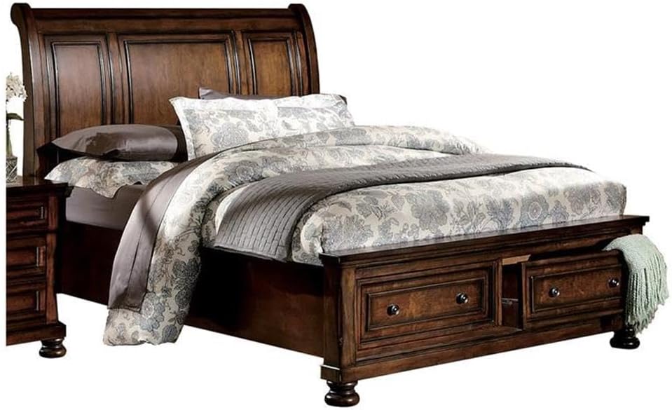 Pemberly Row Eastern King Sleigh Bed, Wood and Birch Veneer, Brown Cherry Finish, 2 Footboard Drawers, 57' H x 80.75' W x 96.75' D, Classic Transitional Style Bedroom Furniture