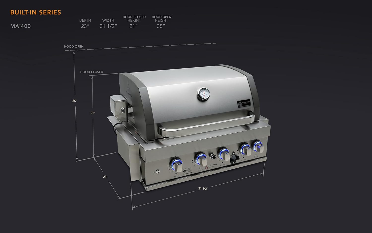 Mont Alpi Premium 32'W x 23'D x 21'H Stainless Steel 4-Burner 63000 BTUs Outdoor Kitchen Kitchen Island Heavy Duty Propane Built-in BBQ Grill Head with Infrared Rear Burner + Rotisserie Kit + Cover