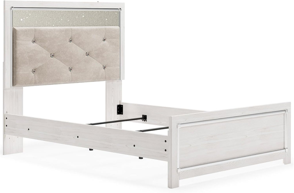 Signature Design by Ashley Altyra Contemporary Adjustable Tufted Full Upholstered Panel Bed with LED Lights and Metal Slats, Foundation or Box Spring Needed, White & Gray