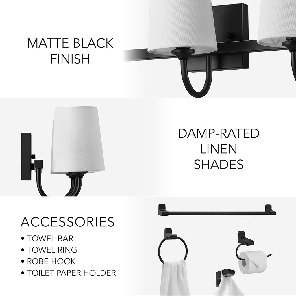 Globe Electric 63000206 5-Piece All-in-One Bathroom Set, 3-Light Vanity Light, Matte Black, Linen Shades, Towel Bar, Robe Hook, Toilet Paper Holder, Towel Ring, Bathroom Lights Over Mirror