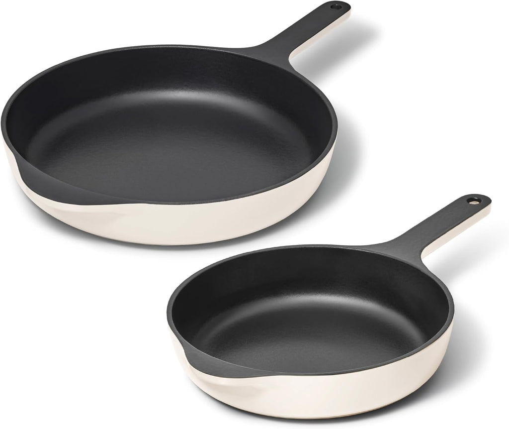 Caraway Cast Iron Skillet Set - 8' & 10.5' Enameled Cast Iron Pan With 3 Layer Enamel Coating - No Seasoning Required - Compatible With All Stovetops - Free From Forever Chemicals - Cream