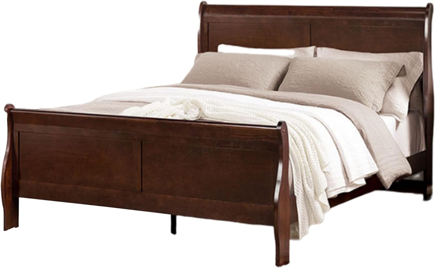 Benjara POY Three PC Full Size Bedroom Set-Metal Hanging Pulls-Cherry Brown Wood