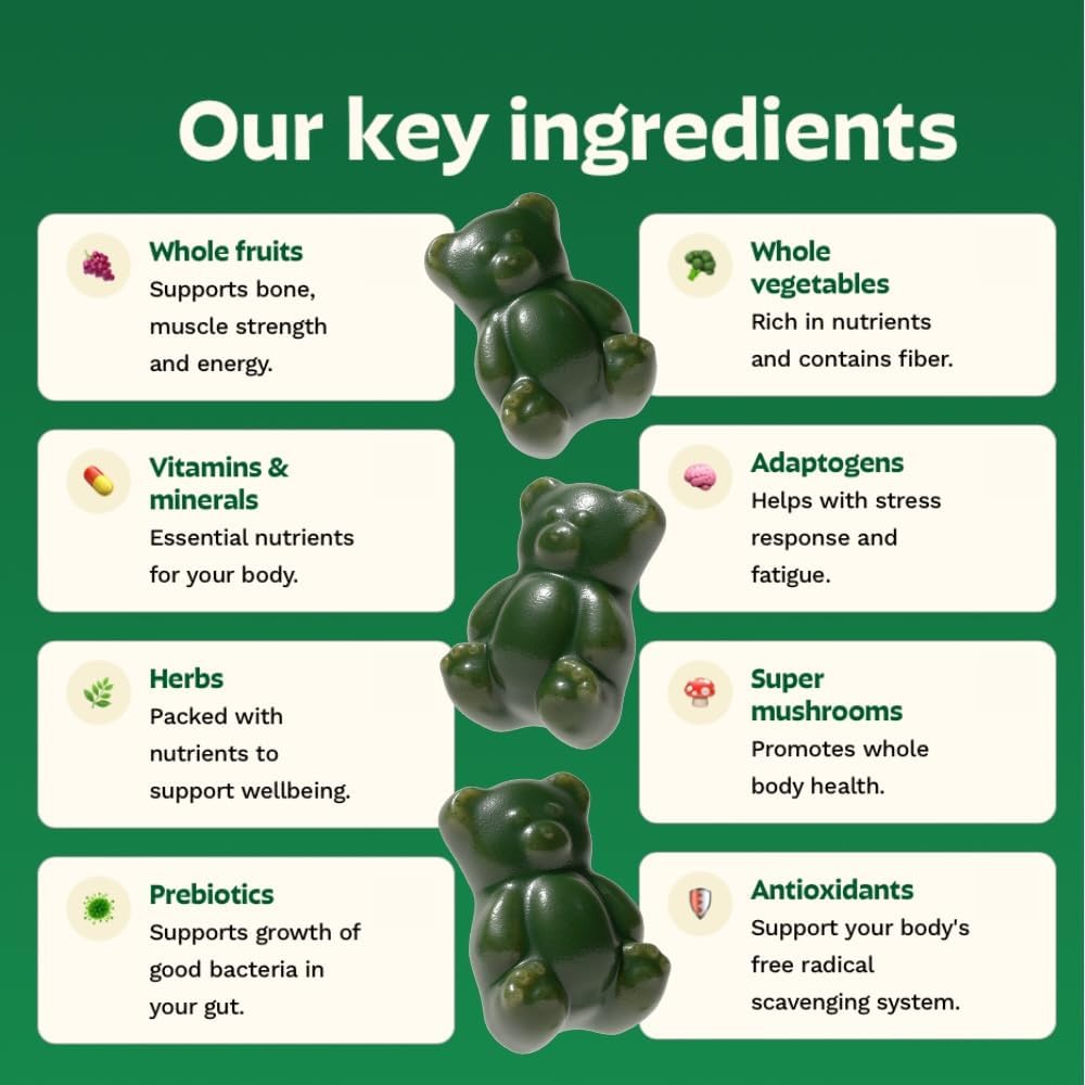 Gruns Adult Super Greens Multivitamin Gummies, Superfood Gummy Vitamins for Women and Men with Spirulina, Chlorella, Adaptogens & Prebiotic Fiber for Digestive Health (28 Count) (Pack of 2)