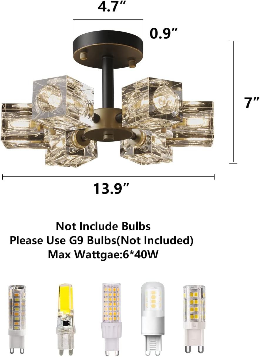 Semi Flush Mount Ceiling Light,13inch Modern Black and Gold Crystal Chandeliers,6-Lights Industrial Sputnik Chandeliers for Bedroom,Kitchen,Hallway,brthroom,entryway,Dining Room…