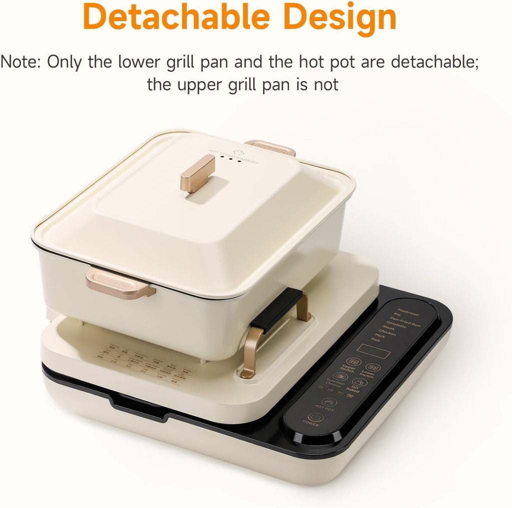 Joydeem Electric Grill with Hot Pot, Shabu Shabu Pot with Grill, Foldable & Detachable Design, 1800W, 4.75Qt Large Capacity, Ceramic Oil Non-Stick Coating, 8 Functions & DIY Mode, SKG-B430