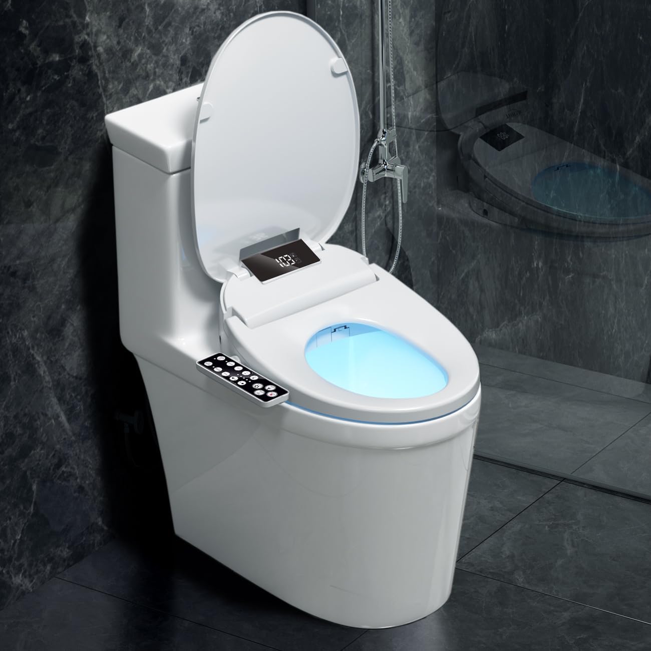 XCQQ Electric Heated Bidet Toilet Seat, Warm Water Oscillating Wash, Heated Toilet Seat, Air Dryer, Soft Close Lid, Night Light, Self Cleaning Nozzle, LED Display Requires Outlet - Elongated