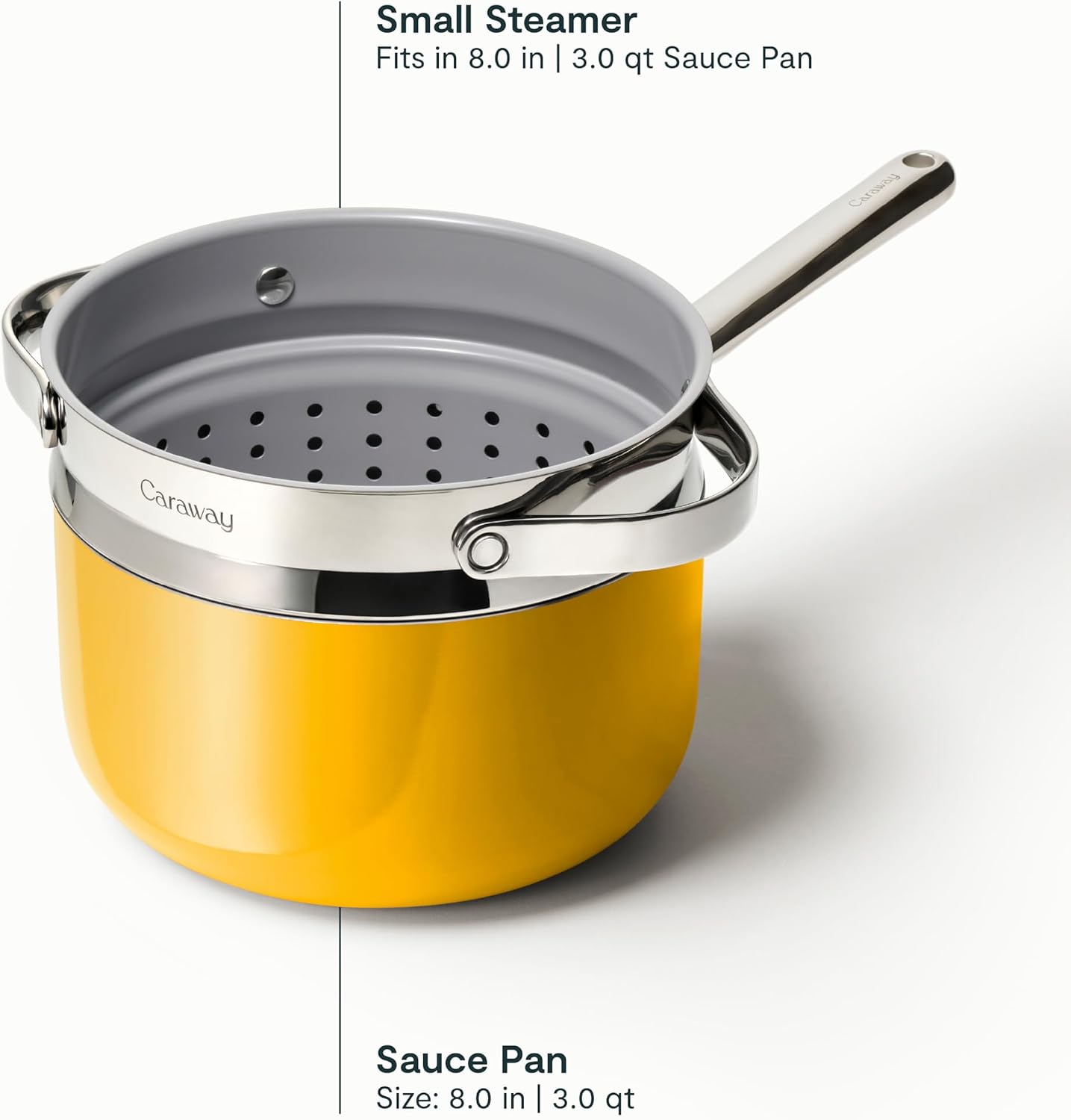 Caraway Nonstick 3 Qt Ceramic Sauce Pan with Lid & Steamer - Non Toxic, PTFE & PFOA Free - Oven Safe & Compatible with All Stovetops (Gas, Electric & Induction) - Marigold