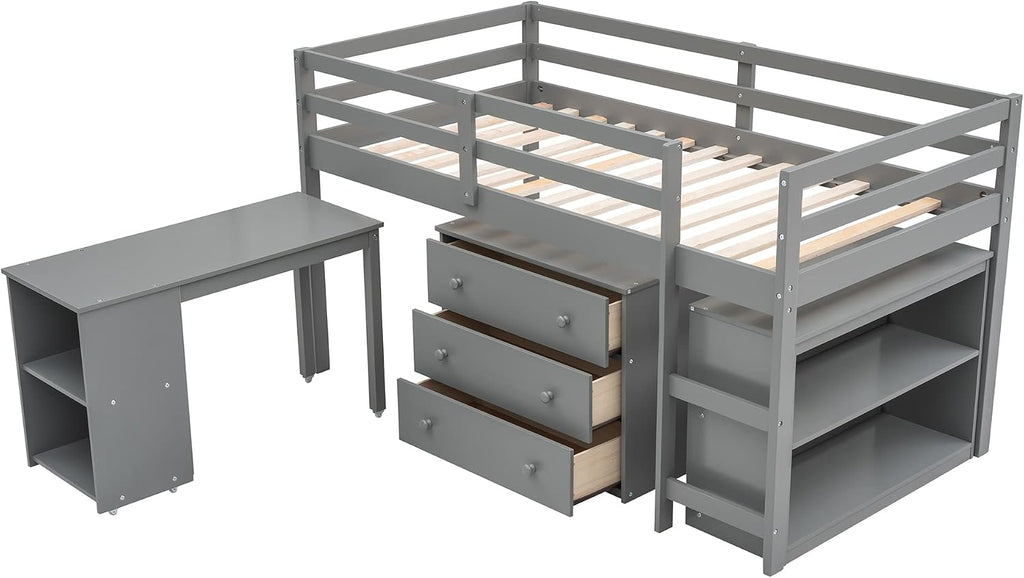 Harper & Bright Designs Twin Size Low Loft Bed with Desk and Storage Cabinet, Wooden Low Study Loft Bed with Drawers, for Kids Teens Girls Boys - Gray
