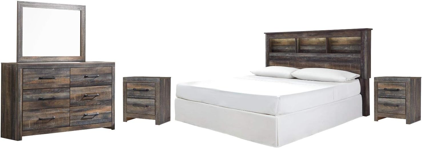 Signature Design by Ashley Drystan Rustic Industrial King/California King Bookcase Headboard with 3 Open Cubbies & Dimming LED Light, Weatherworn Brown