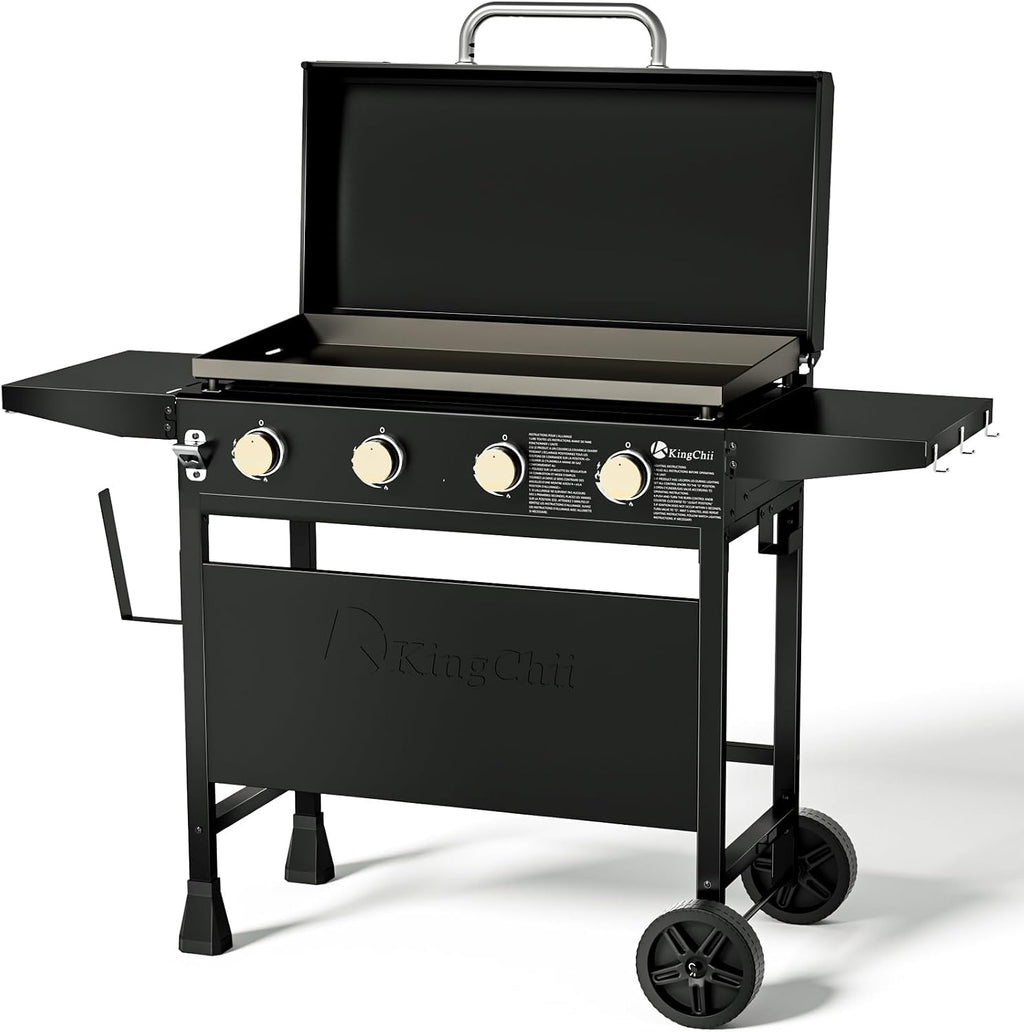 KingChii 32' 4-Burner Griddle with Integrated Protective Hood and Counter Height Side Shelves, Powder Coated Steel, for Breakfast, BBQ & Grilling w/Steel Cooking Surface,Black