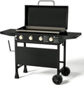 KingChii 32' 4-Burner Griddle with Integrated Protective Hood and Counter Height Side Shelves, Powder Coated Steel, for Breakfast, BBQ & Grilling w/Steel Cooking Surface,Black