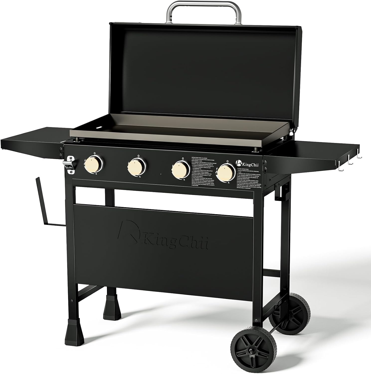 KingChii 32' 4-Burner Griddle with Integrated Protective Hood and Counter Height Side Shelves, Powder Coated Steel, for Breakfast, BBQ & Grilling w/Steel Cooking Surface,Black