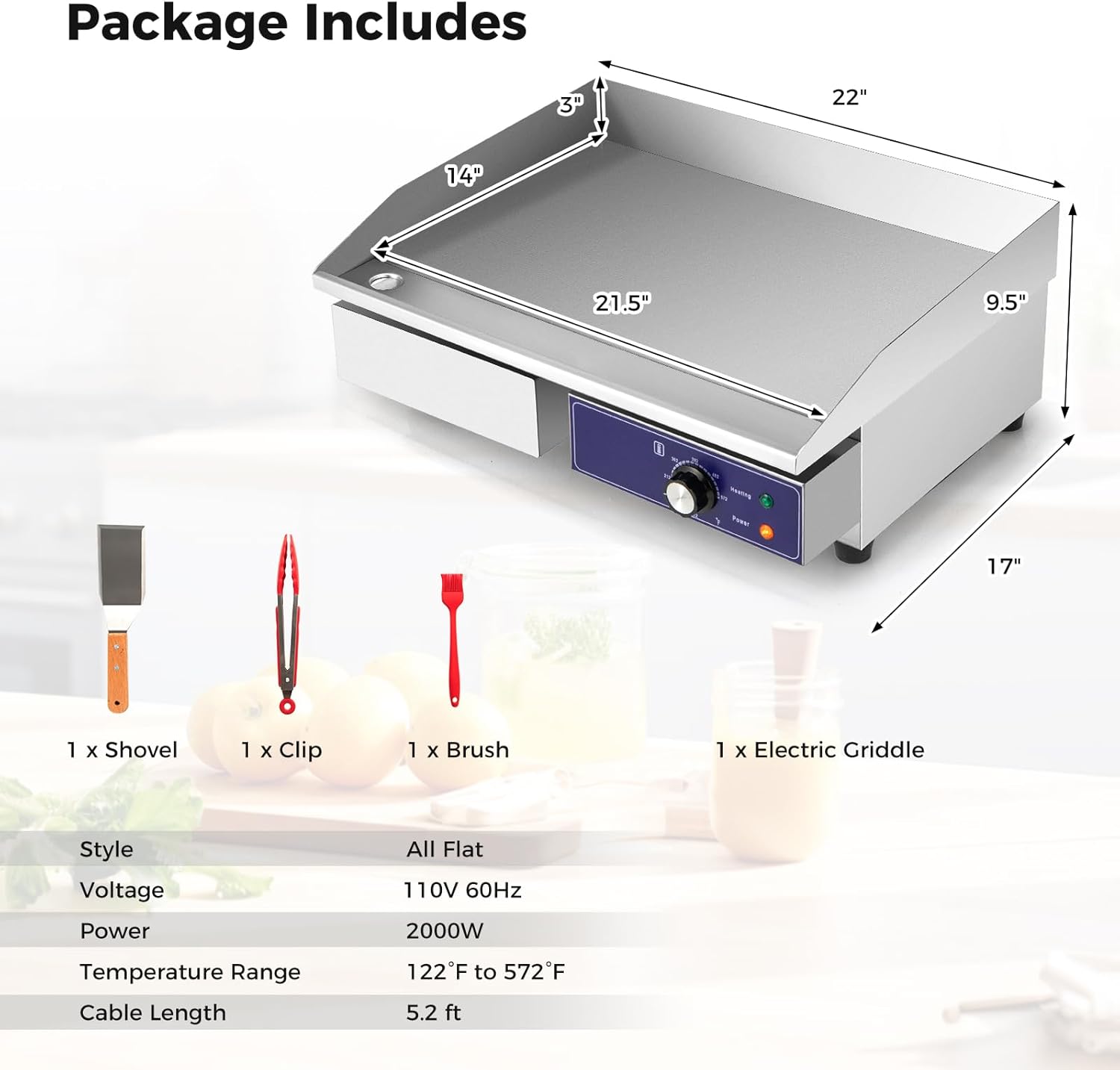 ARLIME Commercial Elecric Griddle, 22' x 14' Cooking Area, 2000W, 122℉-572℉, Stainless Steel Flat Top Grill w/Complete Accessories, Indoor Countertop Griddle for Kitchen, Restaurant, Party