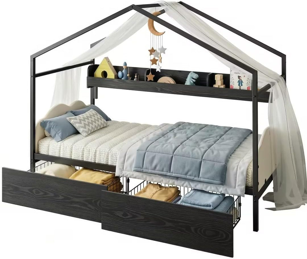 LIKIMIO Twin Corner Bed Frame with 2 Storage Drawers, DIY House Bed with Bookshelf & Curved Upholstered Headboard & Footboard, Twin Bed Frames for Bedroom, No Box Spring Needed, Black-White