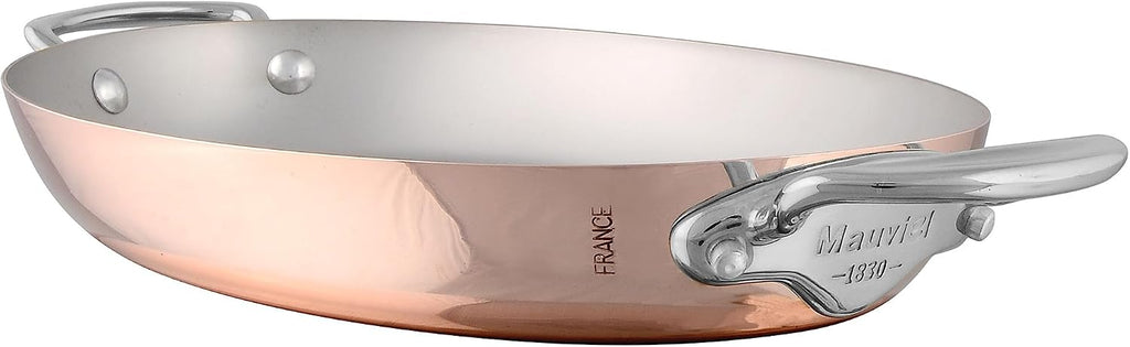 Mauviel M'150 S 1.5mm Polished Copper & Stainless Steel Oval Pan With Cast Stainless Steel Handles, 9.8-in, Made In France
