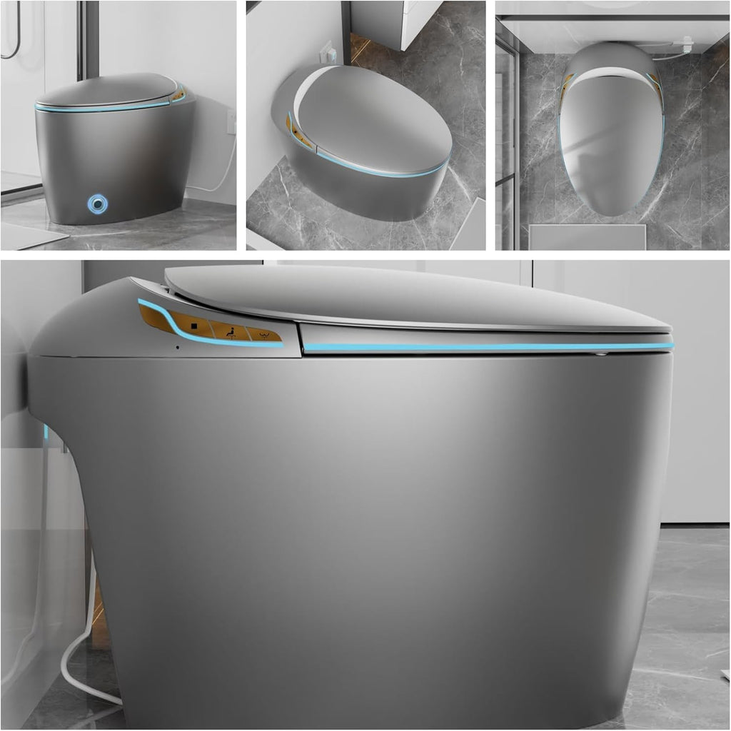 SouNor Tankless Smart Toilet with Bidet Built In, Heated Seat, Warm Water and Dry, 17' Comfortable Height and Night Light, Auto Flush, Auto Open & Close, Egg Design Gray
