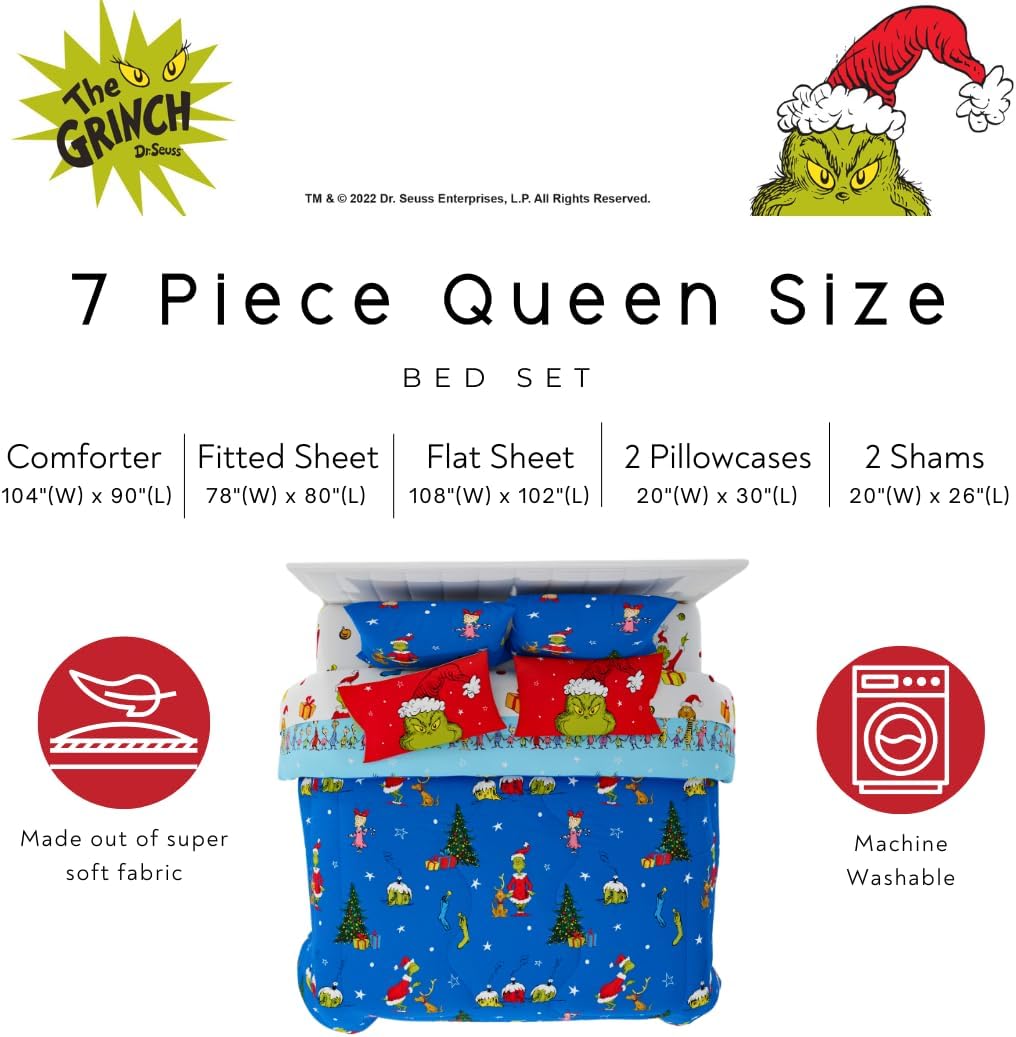 Grinch by Dr. Seuss Holiday & Christmas Bedding Super Soft Comforter and Sheet Set with Sham, 7 Piece King Size (Official Dr. Seuss Product) By Franco