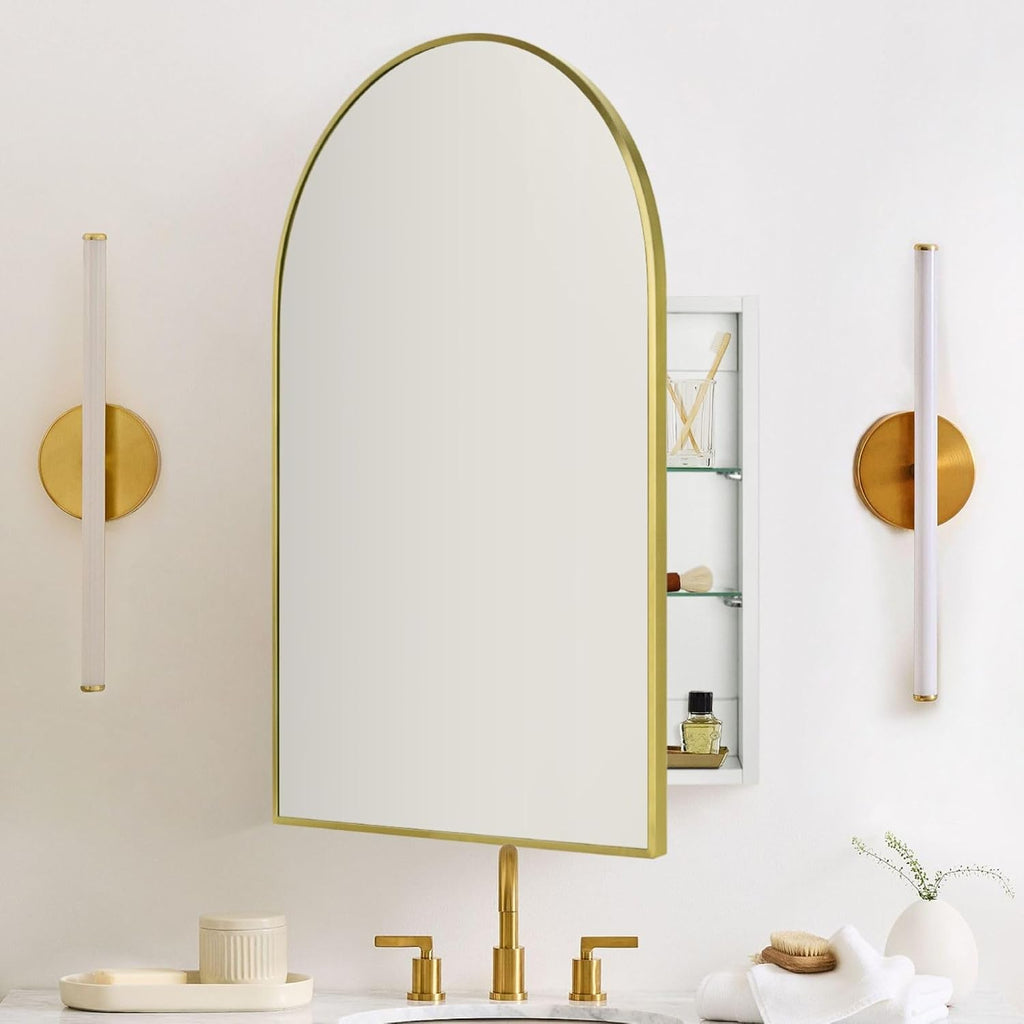 TEHOME 20 x 30'' Brush Gold Arched Bathroom Medicine Cabinet with Mirror Recessed and Surface Mount Medicine Cabinet Mirror