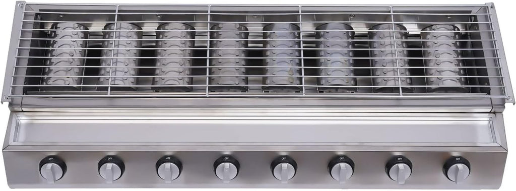 Commercial 8 Burner Gas Countertop Griddle with Smokeless Yakitori Grill, Adjustable Height LPG Propane Indoor Griddle, Removable Grill Net
