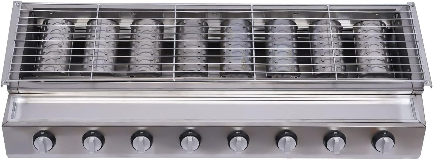 Commercial 8 Burner Gas Countertop Griddle with Smokeless Yakitori Grill, Adjustable Height LPG Propane Indoor Griddle, Removable Grill Net