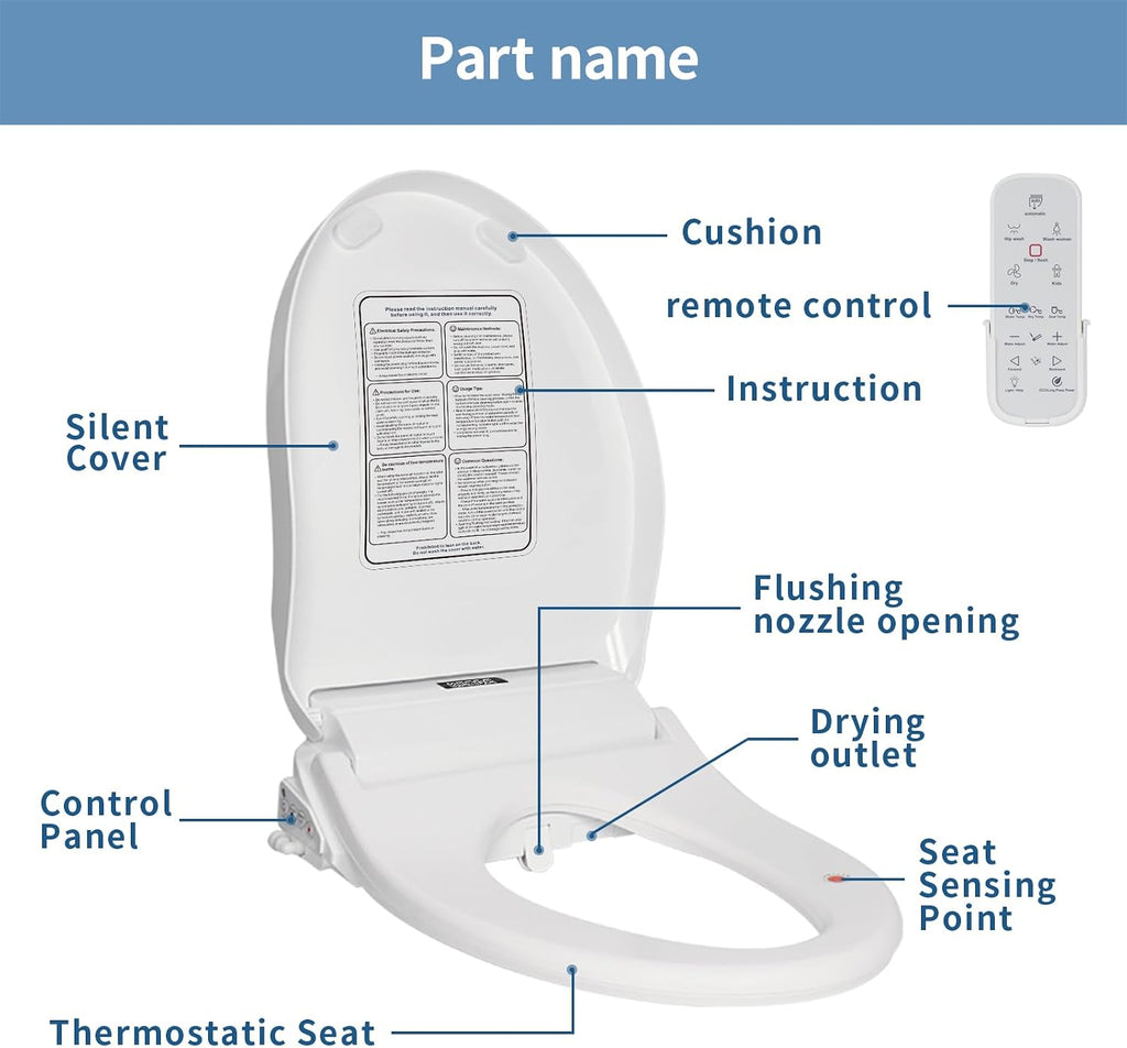 KERDE Electric Toilet Seat, White, Endless Warm Water, Rear and Front Wash, LED Light, Quiet Operation, Wireless Remote,1-click control P30Y.Elongated, for Existing Toilets Bidet