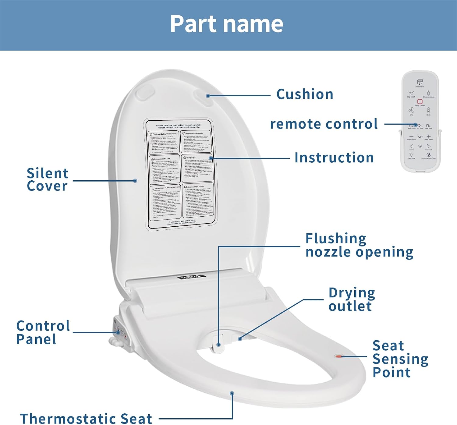 KERDE Electric Toilet Seat, White, Endless Warm Water, Rear and Front Wash, LED Light, Quiet Operation, Wireless Remote,1-click control P30Y.Elongated, for Existing Toilets Bidet