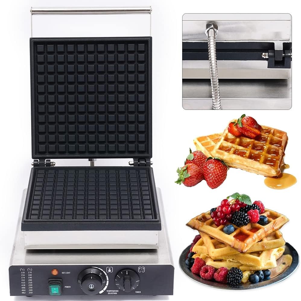 Waffle Making Machine, 110V 2000W Commercial Square Shaped Waffle Maker Electric Stainless Steel Rotatable Double-Head Heating Waffle Making for Tea Shops, Snack Bars, Dessert Shops (Square)
