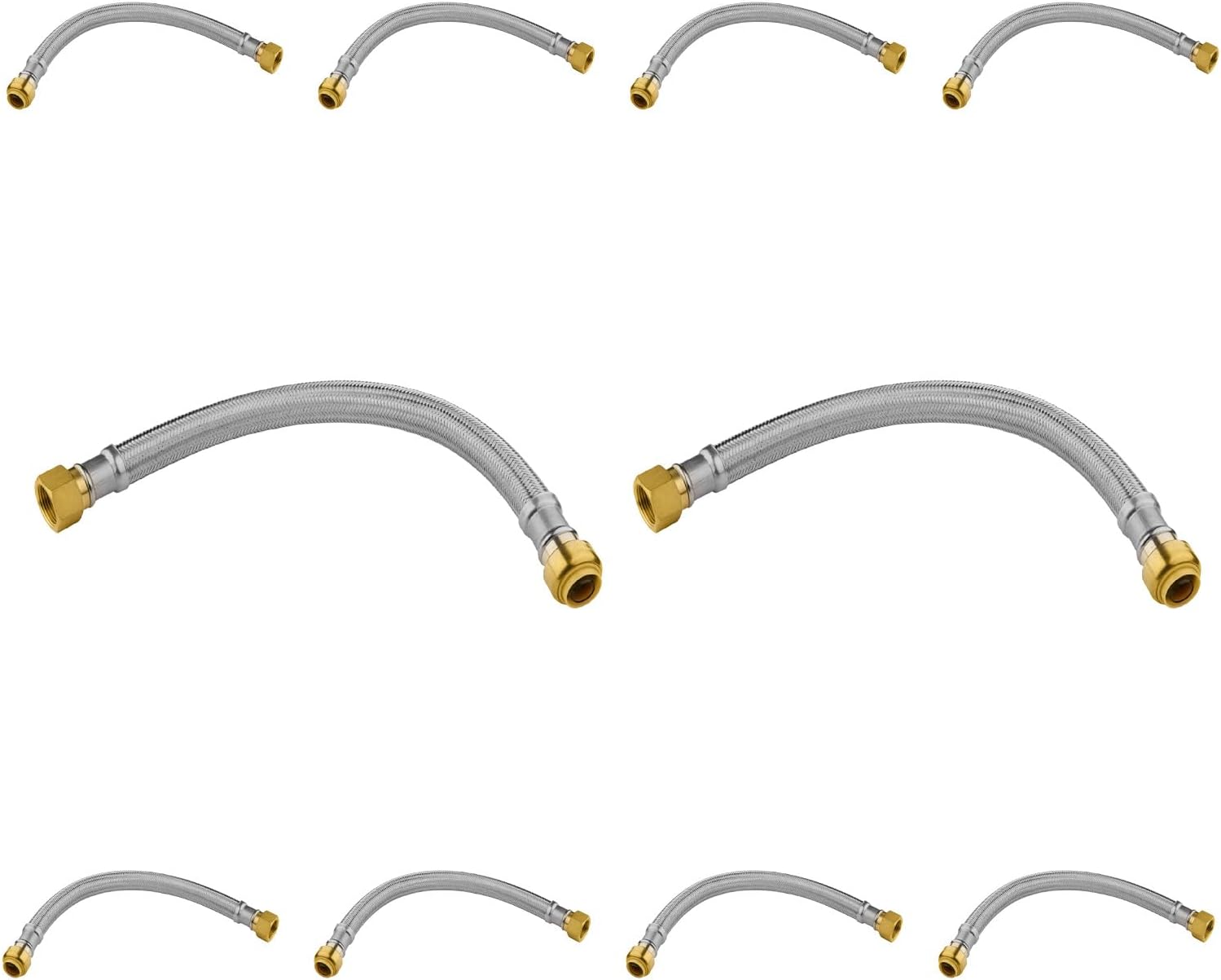 (10 Pack) Seelink 12-Inch Stainless Steel Flexible Water Heater Hose, 1/2' Push-Fit x 3/4' FIP, Push-to-Connect for Copper, PEX, and CPVC