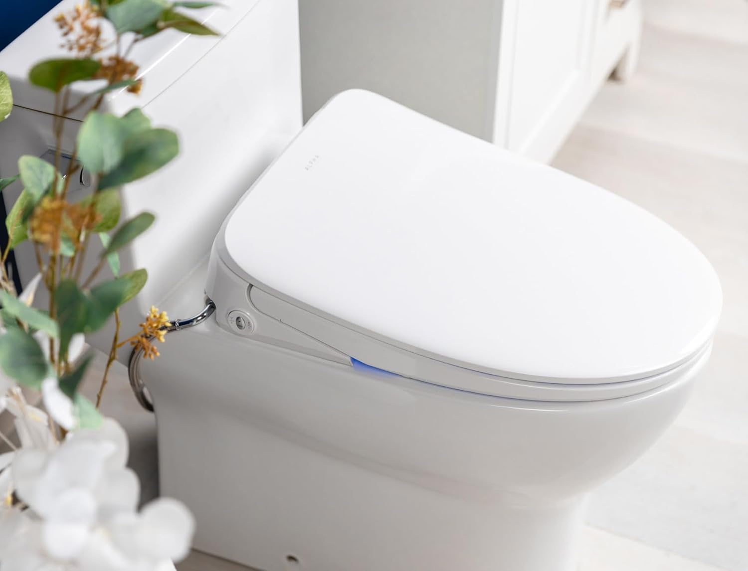 ALPHA BIDET iX Pure Bidet Toilet Seat in Round White | Ultra Low Profile | Endless Warm Water | Arced Stainless Steel Nozzle | Blue LED Nightlight | Dryer…