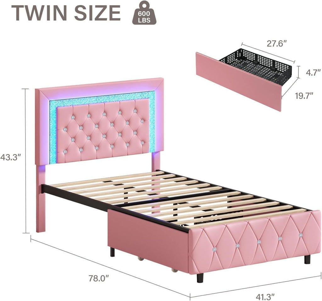 BarnFurin Twin Bed Frame with LED Lights and Storage Drawers, Upholstered Platform Bed with Diamond Headboard, Faux Leather Princess Platform Bed, No Box Spring Needed, Easy Assembly, Pink