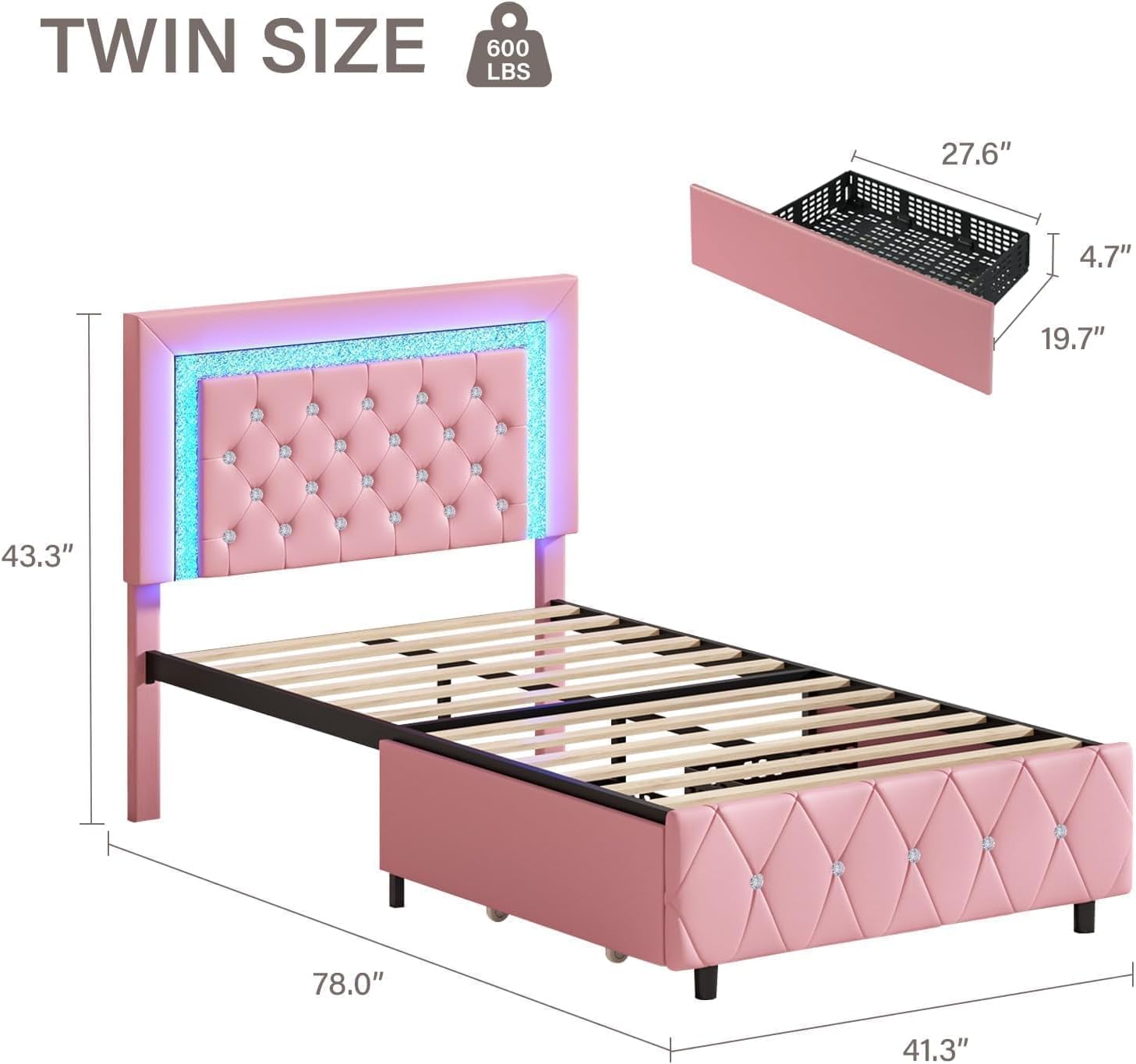 BarnFurin Twin Bed Frame with LED Lights and Storage Drawers, Upholstered Platform Bed with Diamond Headboard, Faux Leather Princess Platform Bed, No Box Spring Needed, Easy Assembly, Pink