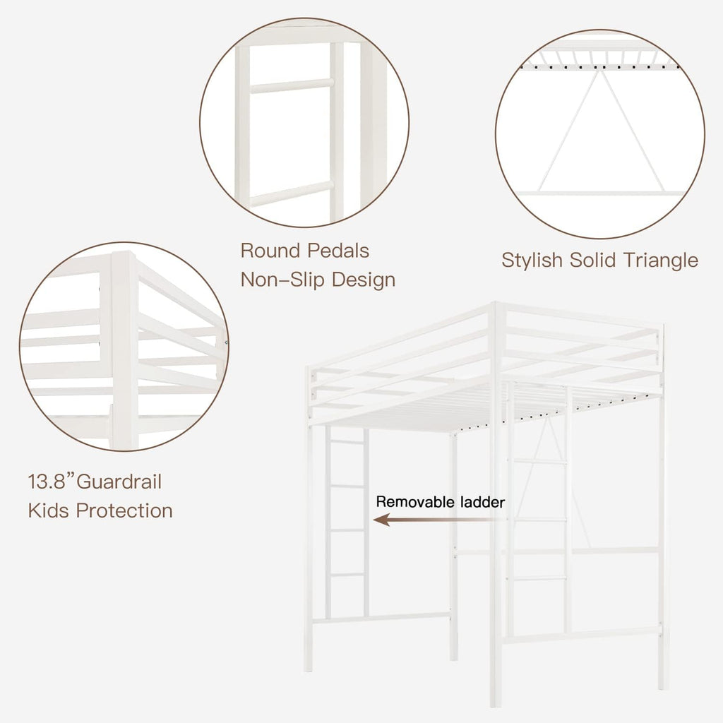 ikalido Metal Loft Bed Twin Size with Safety Guardrail and Ladder, No Box Spring Needed Space Saving Bedroom Furniture,Cream White