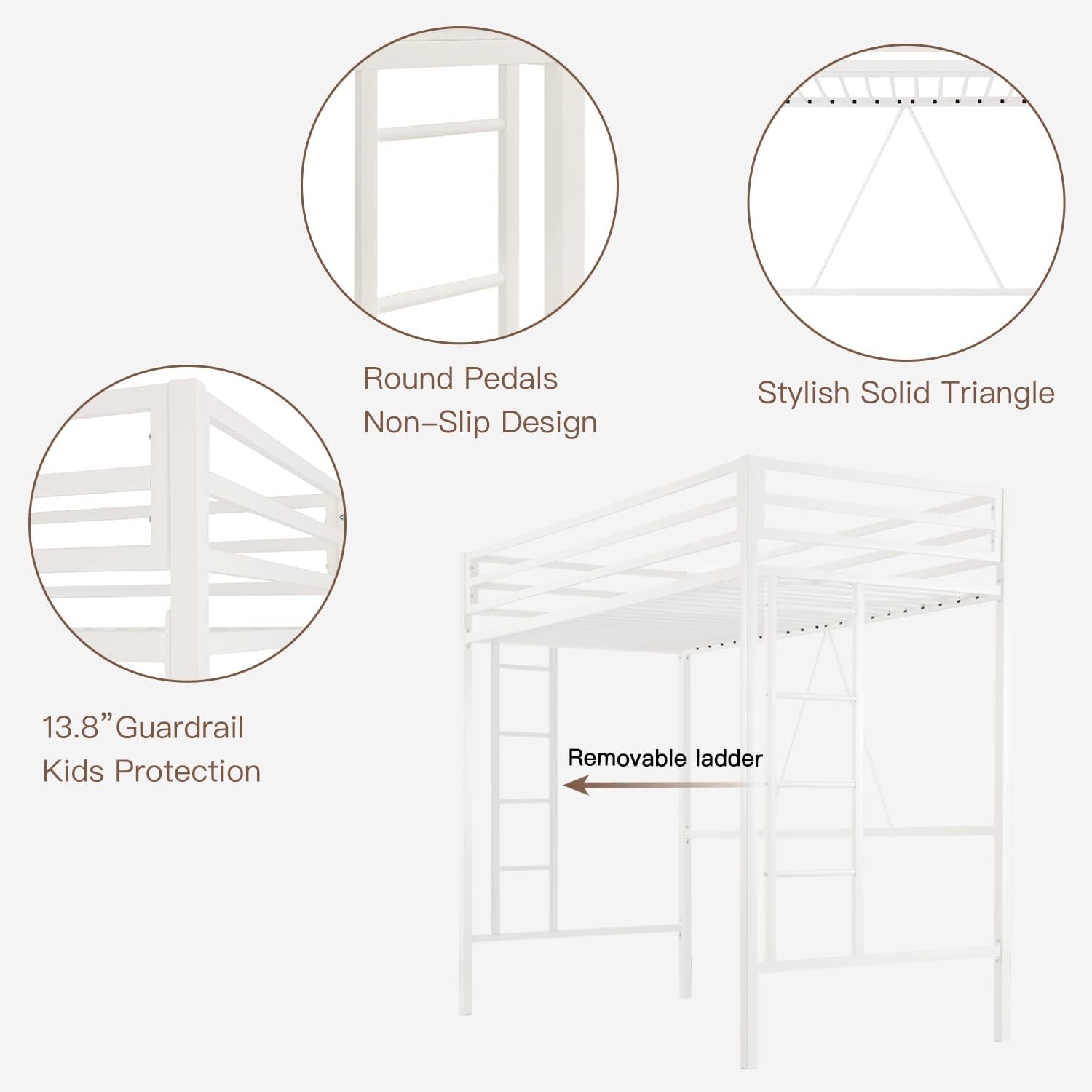 ikalido Metal Loft Bed Twin Size with Safety Guardrail and Ladder, No Box Spring Needed Space Saving Bedroom Furniture,Cream White