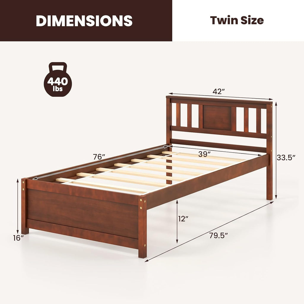 Giantex Twin Bed Frame With Headboard, Mid Century Solid Wood Platform Bed, Single Panel Bed With Slat Support, No Box Spring Needed, for Kids, Walnut
